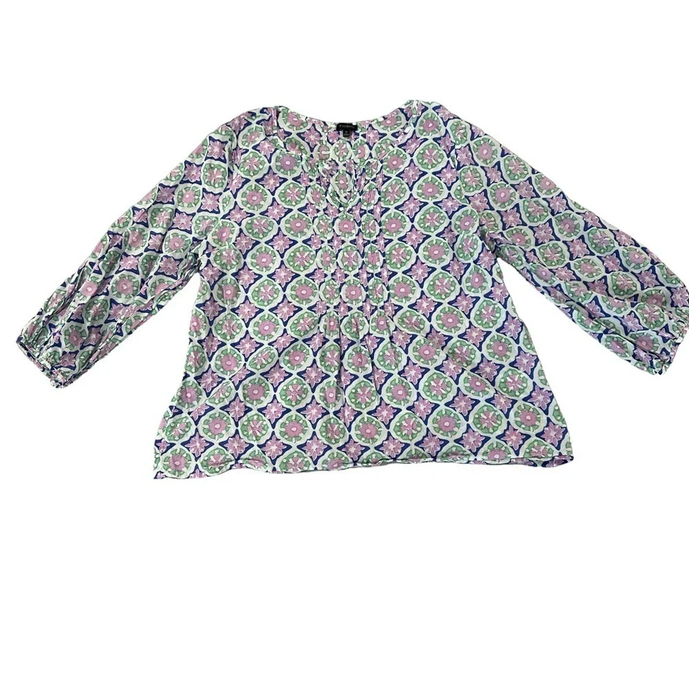 Talbots White Pink Floral Puff Sleeve Mandarin Collar Blouse